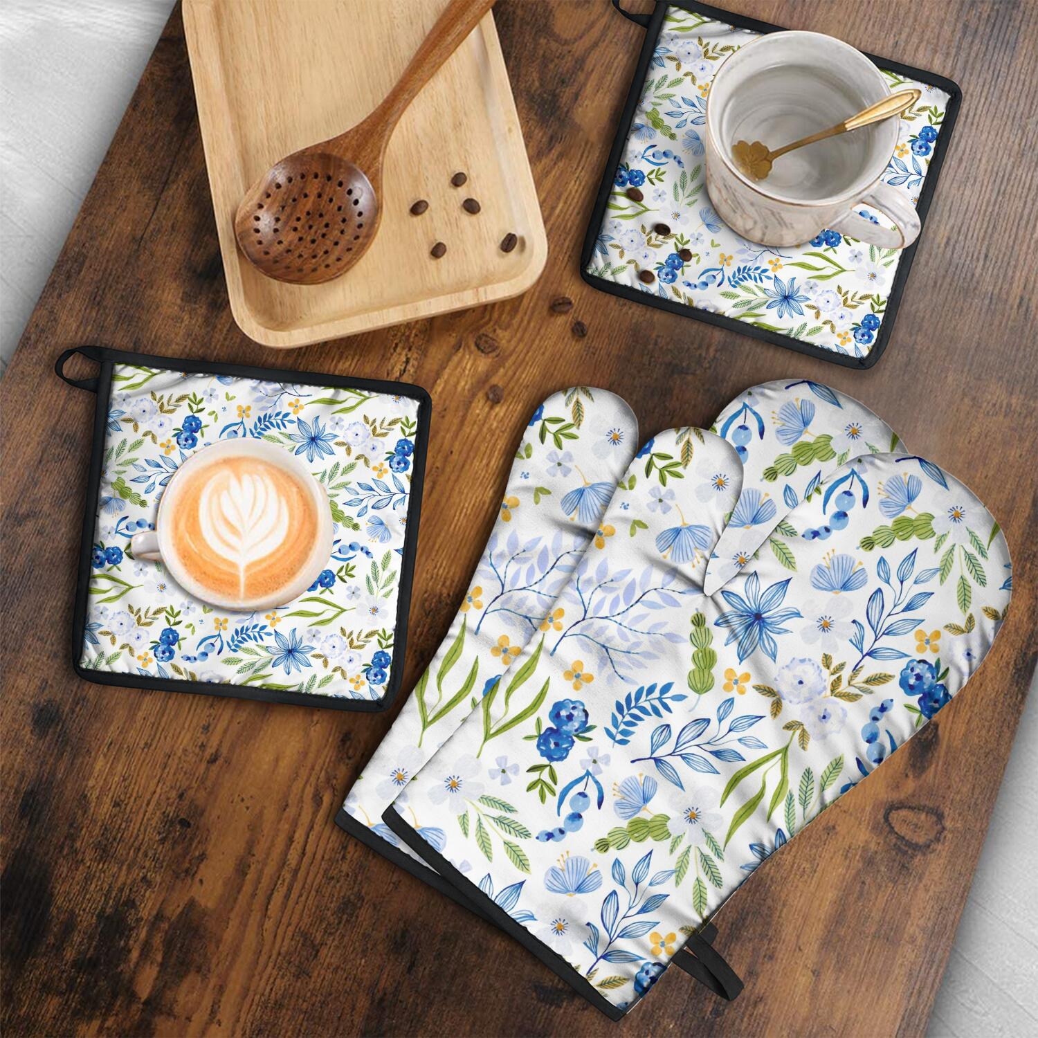 Floral Pattern Oven Mitts and Pot Holders Set Of 4, Heat Resistant Kitchen Gloves with Non-Slip Grip, Hanging Loop, Soft Cotton Lining for Baking, Cooking, Grilling, Barbecue