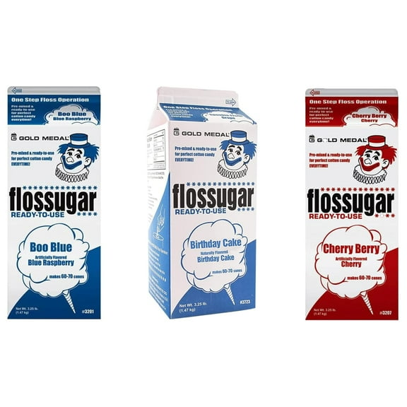 Dana Market - Cotton Candy Flossugar Mix Flavors - 3 Different Flavors: Boo Blue, Birthday Cake & Cherry Berry - 3.25 Lbs. from each Flavors (Pack of 3)