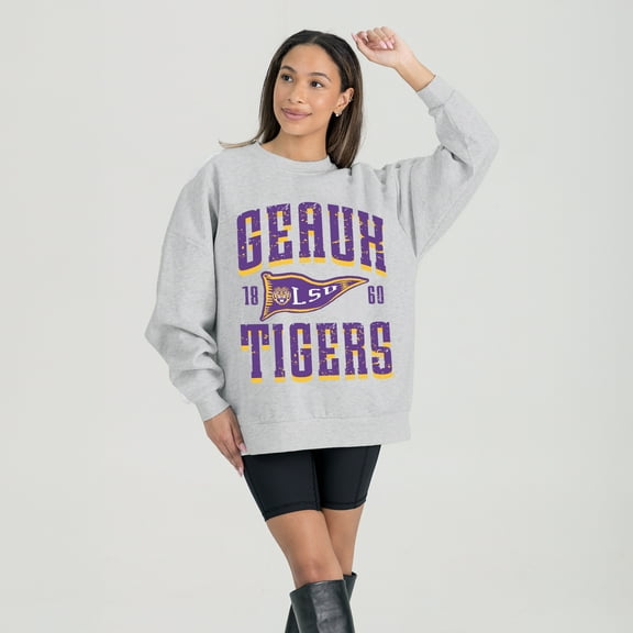 Women's Gameday Couture Ash LSU Tigers Oversized Pennant Pride Premium Fleece Sweatshirt