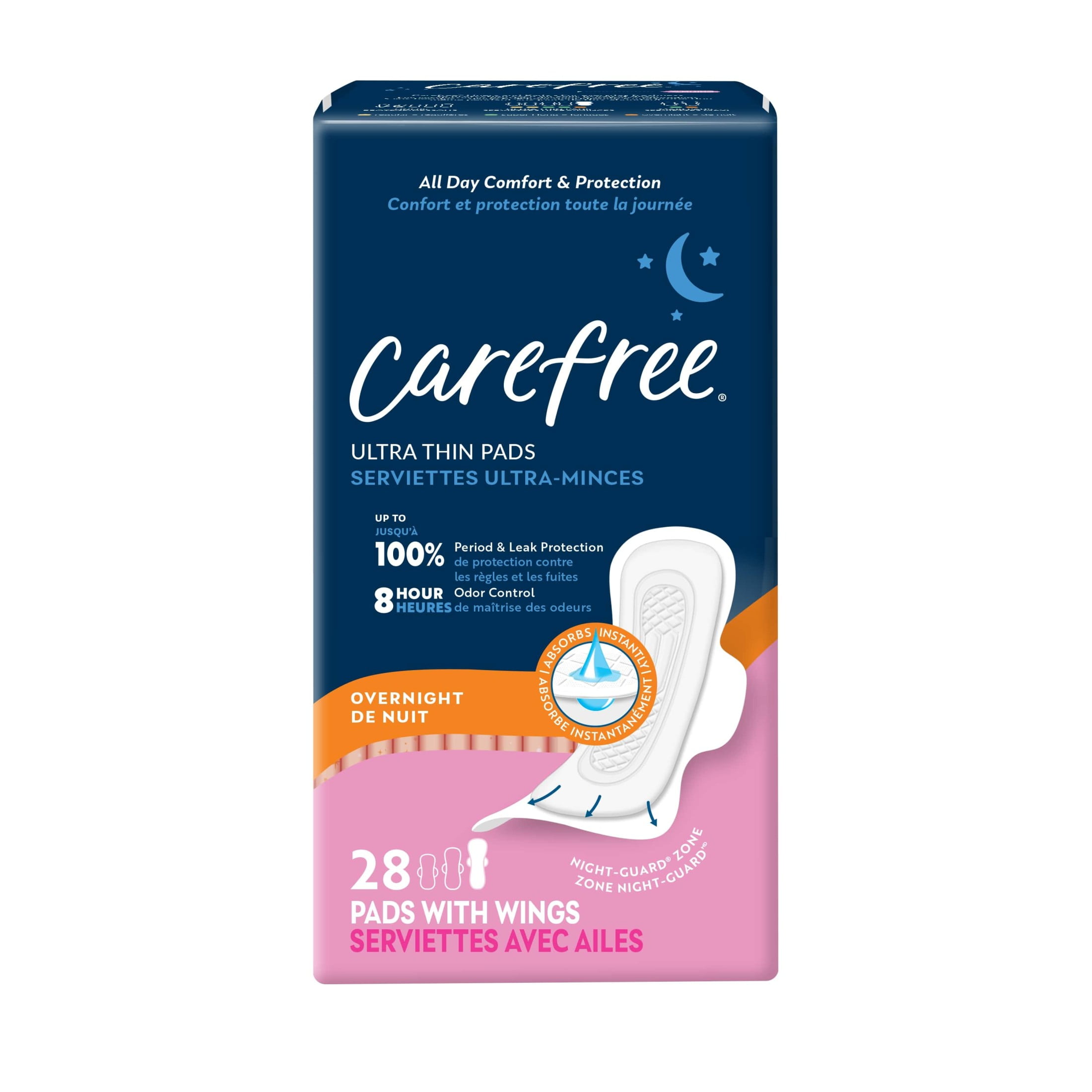 Carefree Ultra Thin Overnight Pads with Wings, 28 Count