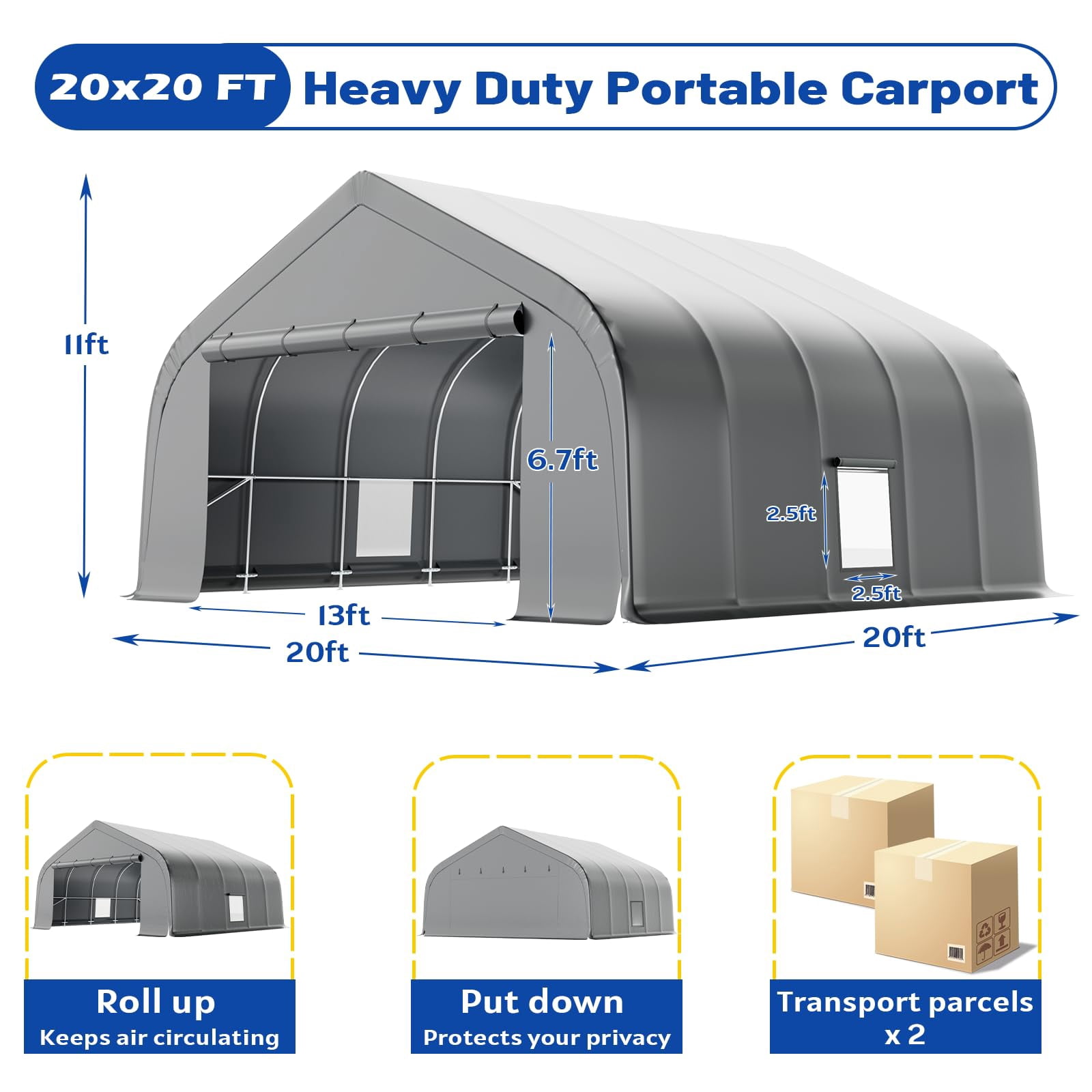 Richryce 20x20 ft Carport, Heavy Duty 2 Carports and Shelters with Sides andGalvanized Steel Frame , Fits 2 Cars, Boat, Farm Equipment, Silver Gray
