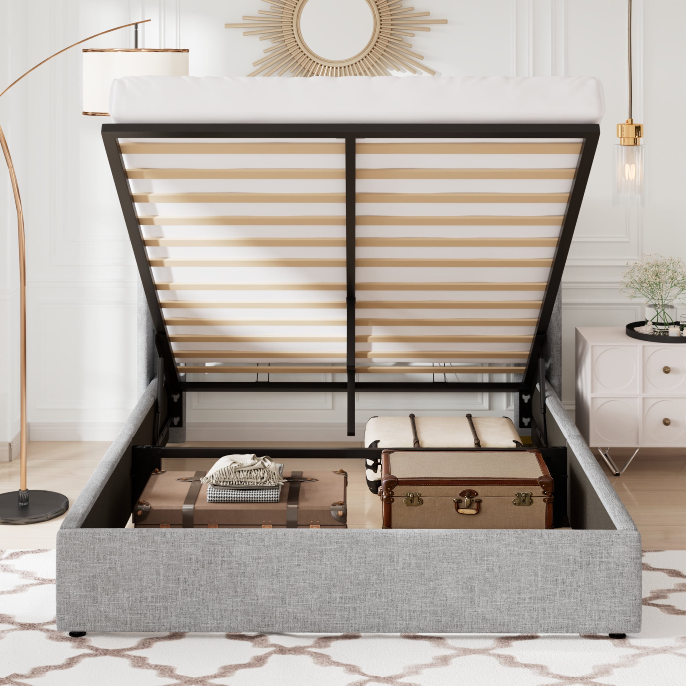 Allewie Full Size Lift Up Platform Storage Bed Frame with Channel Wingback Headboard, Light Grey