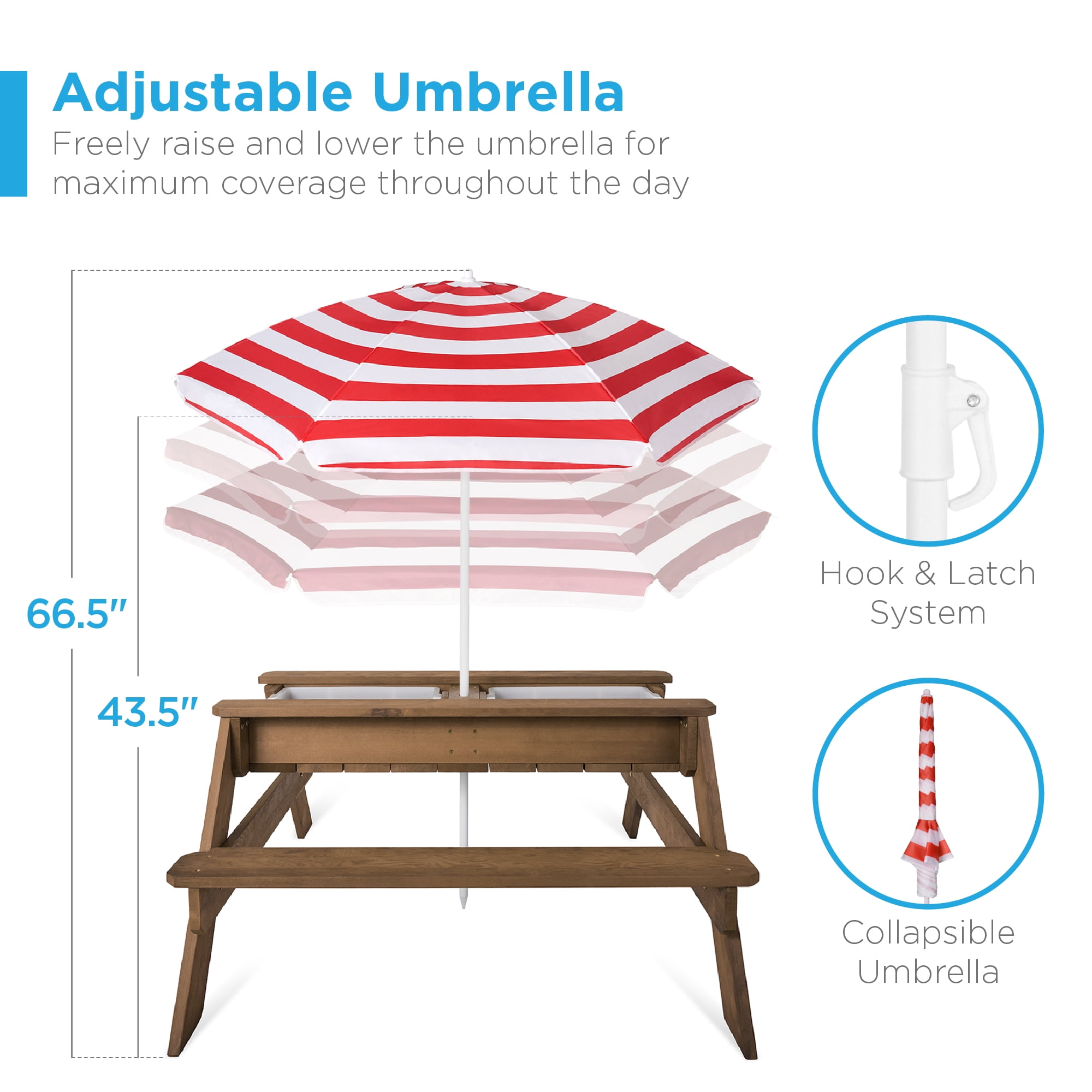 Best Choice Products Kids 3-in-1 Outdoor Sand and Water Activity Picnic Table with Umbrella - Walnut/Red