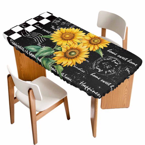 Yellow Sunflower Table Cloths for 3 Foot Rectangle Tables, Black White Plaid Watercolor Floral Patio Waterproof Elastic Fitted Tablecloths, Washable Rectangular Table Cover for Camping