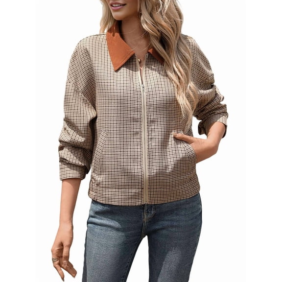Women Cropped Jacket Fashion Plaid Zip Shirt Fall Coat Tops Brown M
