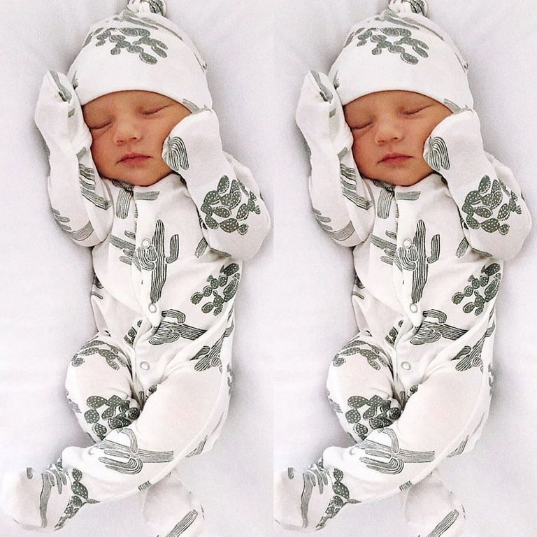 Penkiiy Newborn Infant Baby Boy Girl Floral Romper Jumpsuit Sleepwear Hat Outfits Set Baby Sleep and Play Pajamas 0 3 Months White 2023 Summer Deal