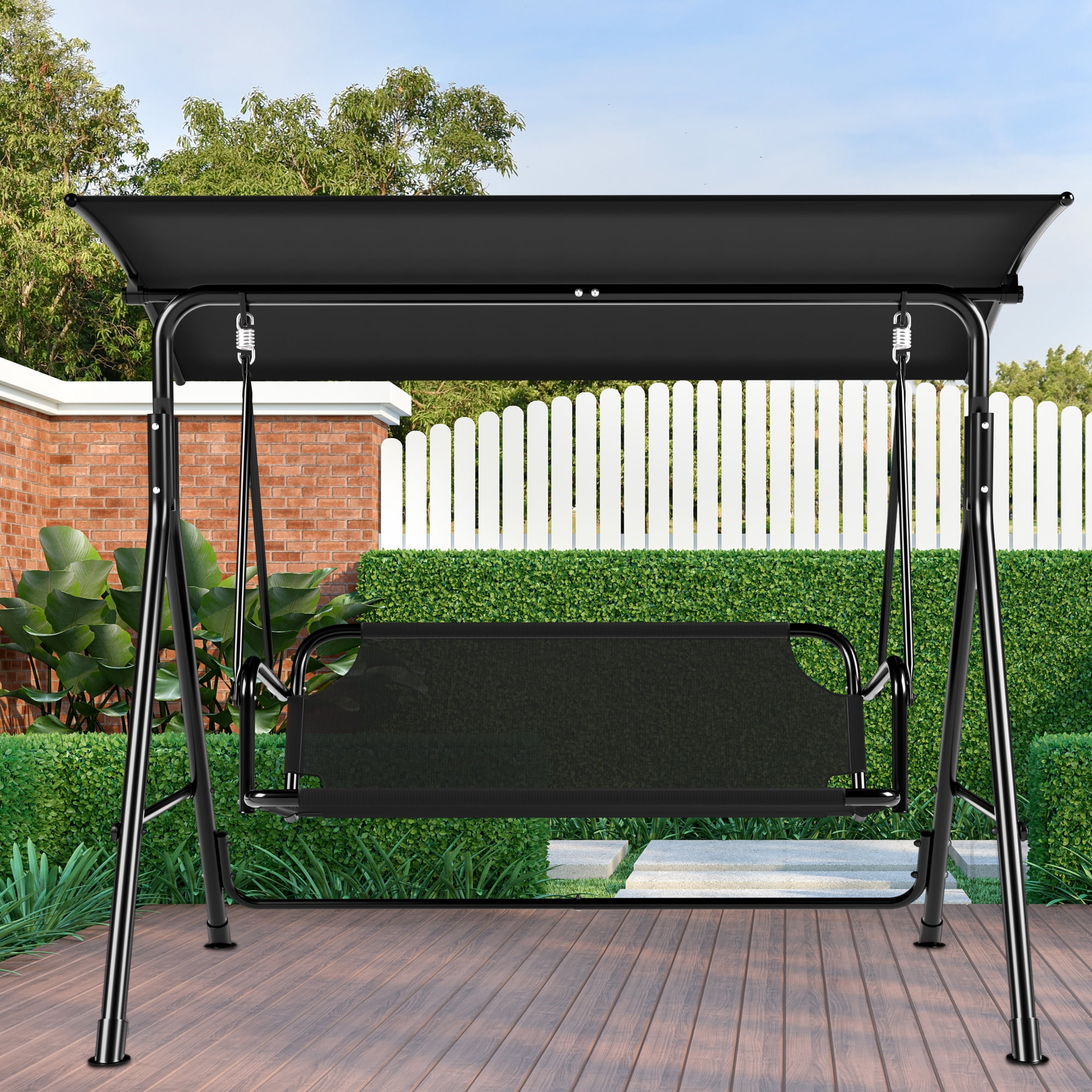 Uforic 3 Person Porch Swing Heavy Duty Outdoor Patio Swing Chair with Adjustable Canopy Weather Resistant Steel Frame for Garden, Lawn, Balcony, Black