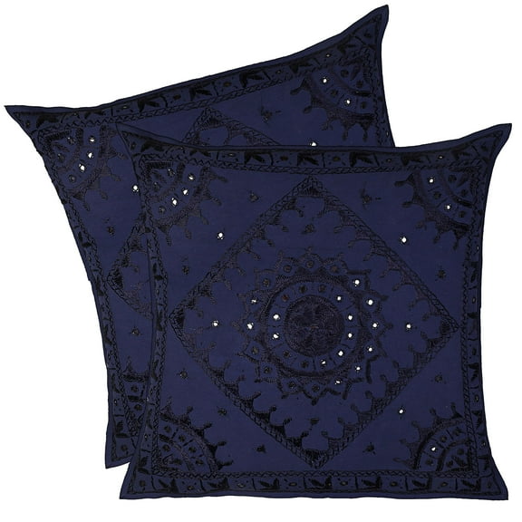 Stylo Culture Ethnic Settee Sofa Throw Pillow Covers 24x24 Large Hand Embroidered Dark Blue Bohemian 60 x 60 cm Home Decor Cotton Mirrored Square Cushion Covers | Set Of 2