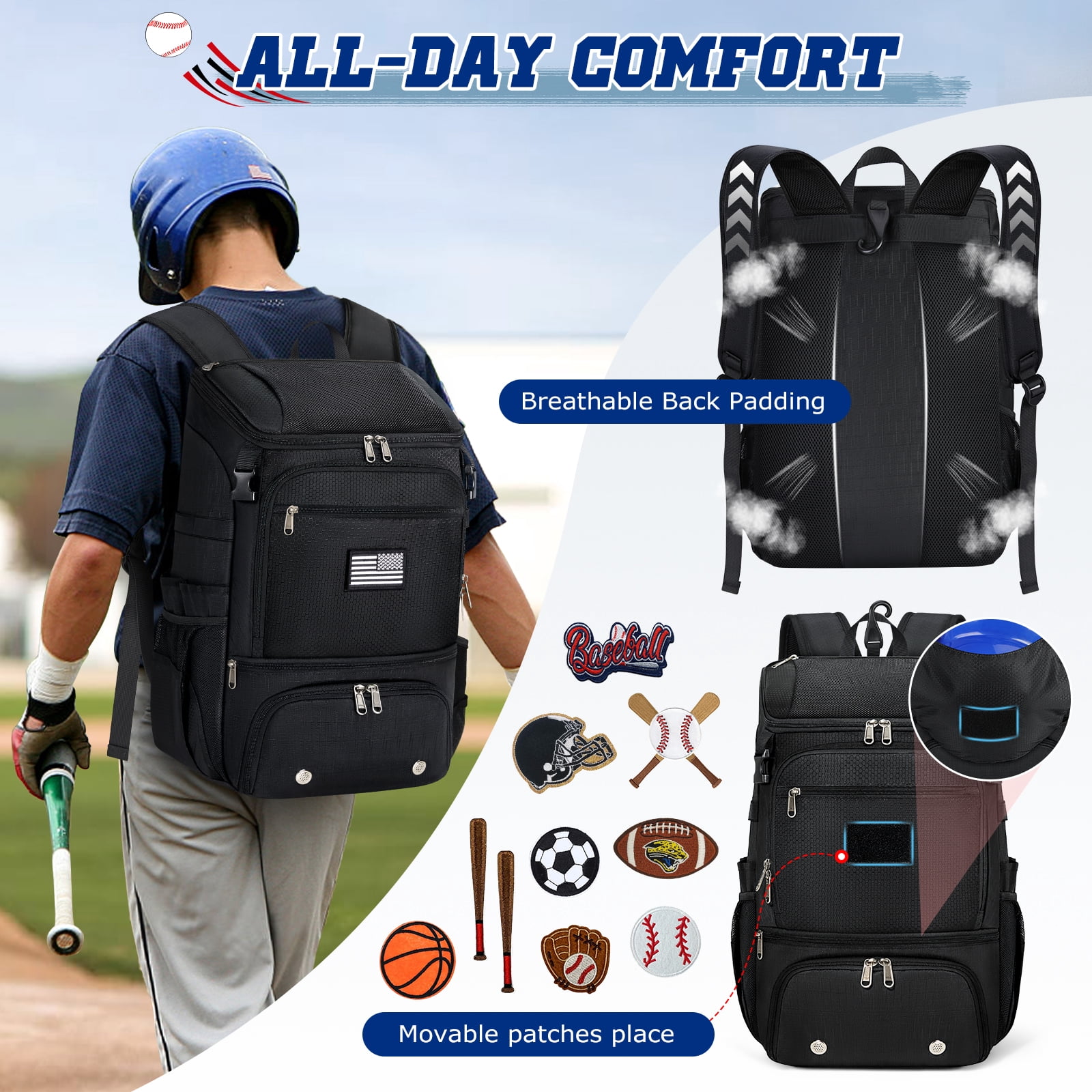 RAINSMORE Baseball Backpack, Lightweight Softball Bat Bag with Shoe Compartment, Fence Hook & Helmet Holder, Sports Gear Backpack for Youth Adult T-Ball Softball,Black