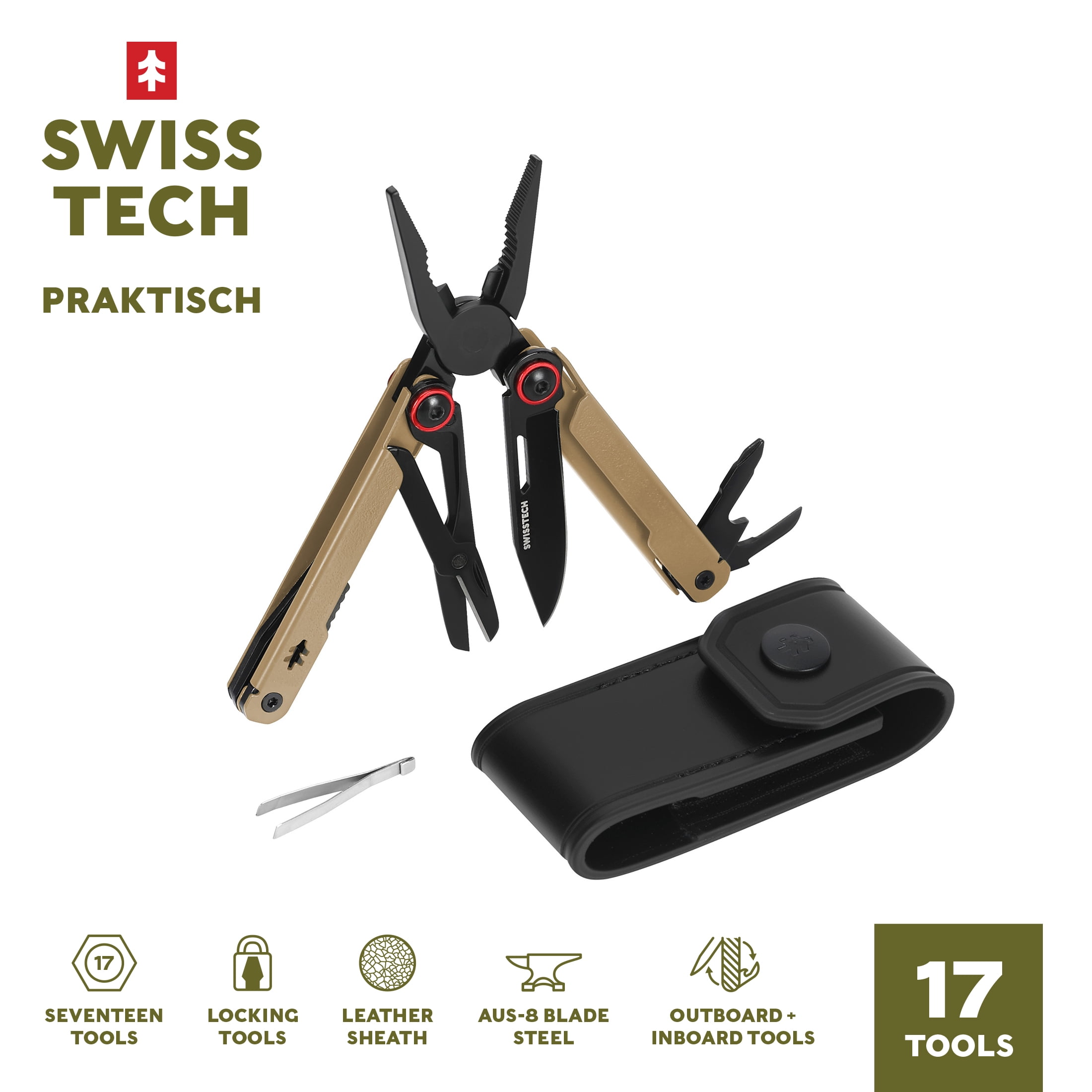 Swiss Tech 17 in 1 Multitool Knife with AUS 8 Steel Blade Scissors