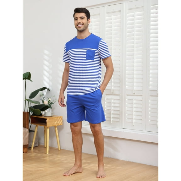 Men's Short Sleeve Pajama Sets 2 Pieces Men Cotton Pajamas Sets with Shorts Men Summer Sleepwear Set with Pockets, S-XXL