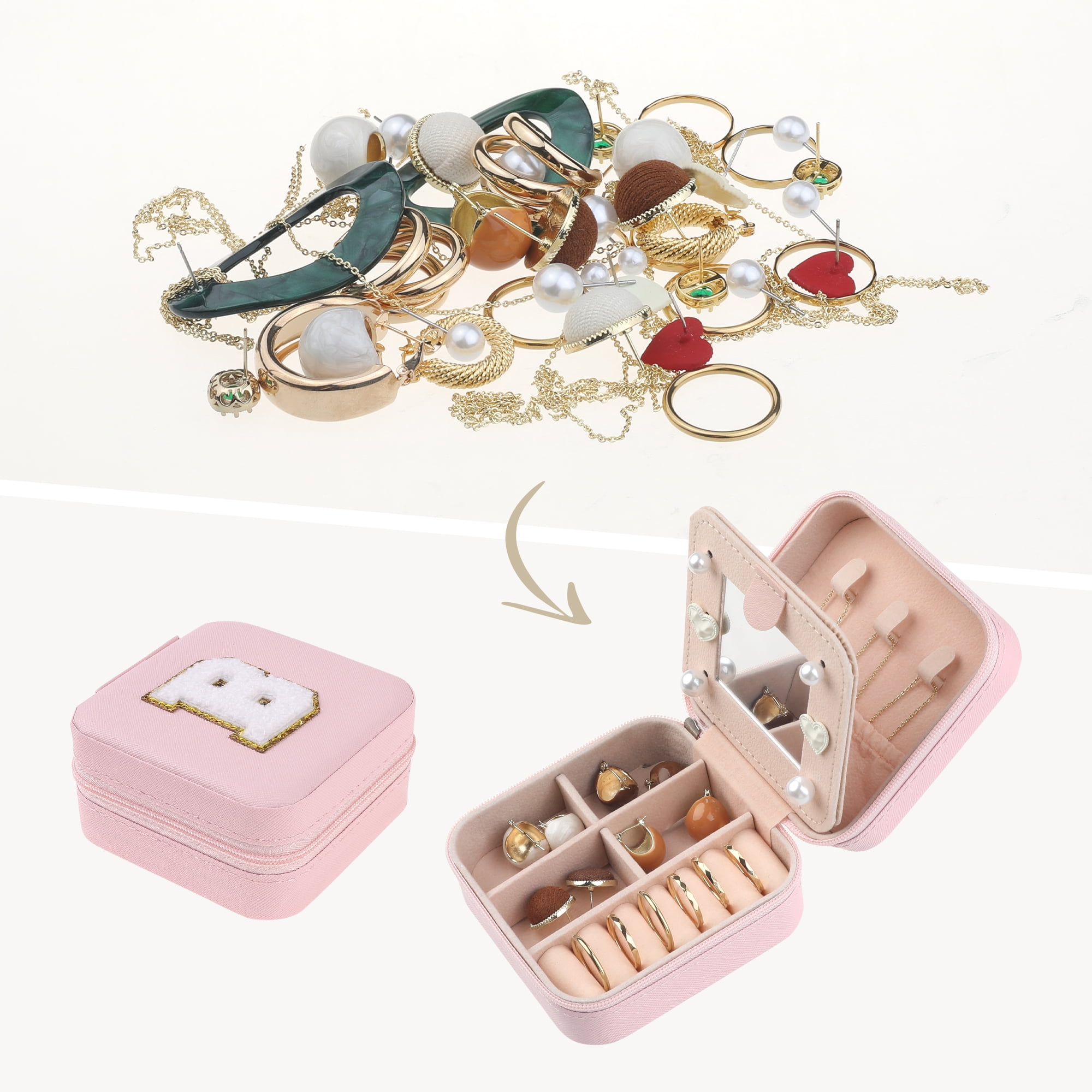 Unique Bargains Jewelry Boxes with Mirror Mini Portable PU Leather Jewelry Organizer Case Pink Letter B