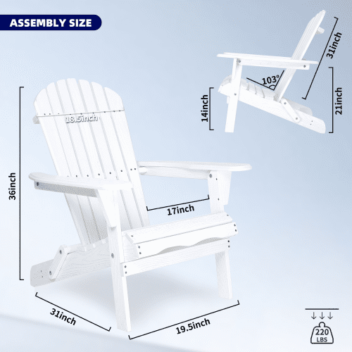 AISWORD Wooden Folding Embossed Adirondack Chair Set of 2, Pre-Assembled BackRest Wood Lounge Chair, White