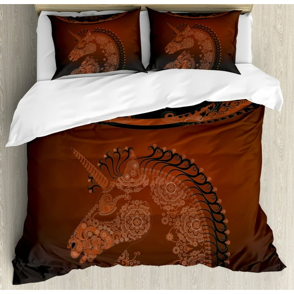 Unicorn Home and Kids Decor King Size Duvet Cover Set, Ethnic Unicorn Profile with Asian Embellish Lace Mandala Details Decor, Decorative 3 Piece Bedding Set with 2 Pillow Shams, Red, by Ambesonne