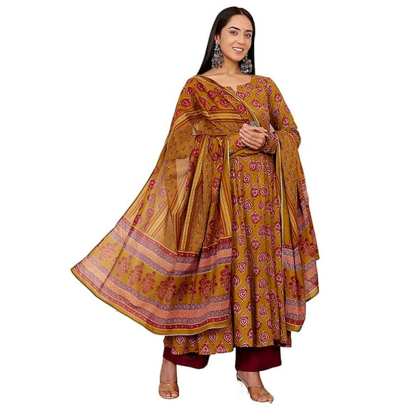 Nermosa Women Printed Anarkali Kurta and Pant Set with Dupatta - Indian Ethnic Traditional Wear Kurta Set