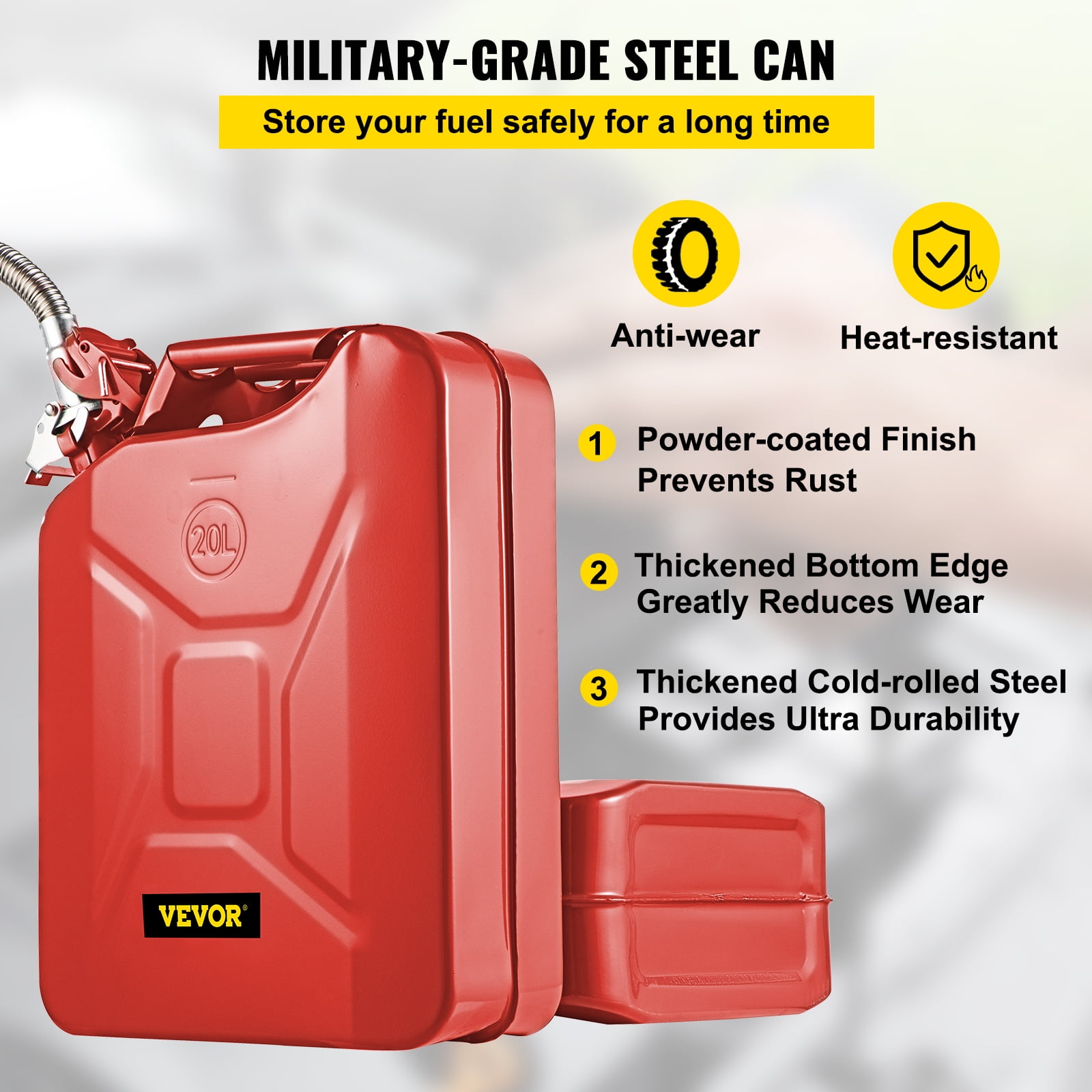 VEVOR Jerry Fuel Can, 5.3 Gallon / 20 L Portable Jerry Gas Can with Flexible Spout System, Rustproof ＆ Heat-Resistant Steel Fuel Tank for Cars Trucks Equipment, Red