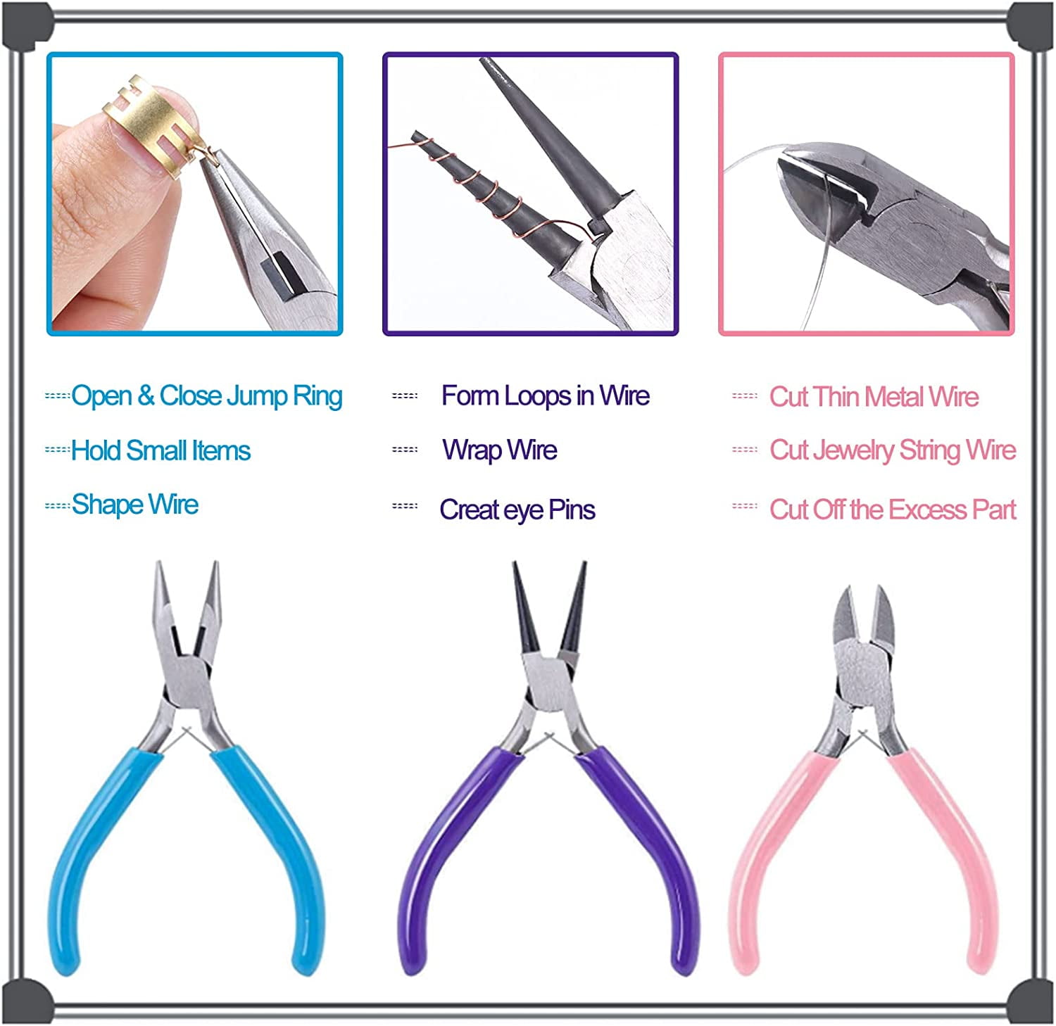 3 Pack Jewelry Set Tools Includes Needle Nose, Round Nose and Wire Cutters Chain Nose for Jewelry Making Repair, Wire Wrapping, Beading and Crafts