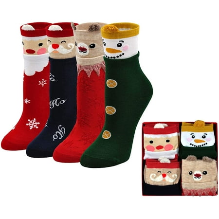 Womens Funny Ankle Crew Socks Christmas Gifts Cute Animal Socks Ladies Cotton Funky Cartoon Novelty Socks Santa Xmas Assorted 4 Pack 9-11