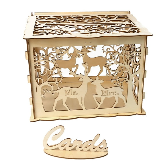 Wooden Wedding Storage Box DIY Wedding Supplies Deer Box for Wedding Party (1 Key   12 Rubber Rings, Large Size)