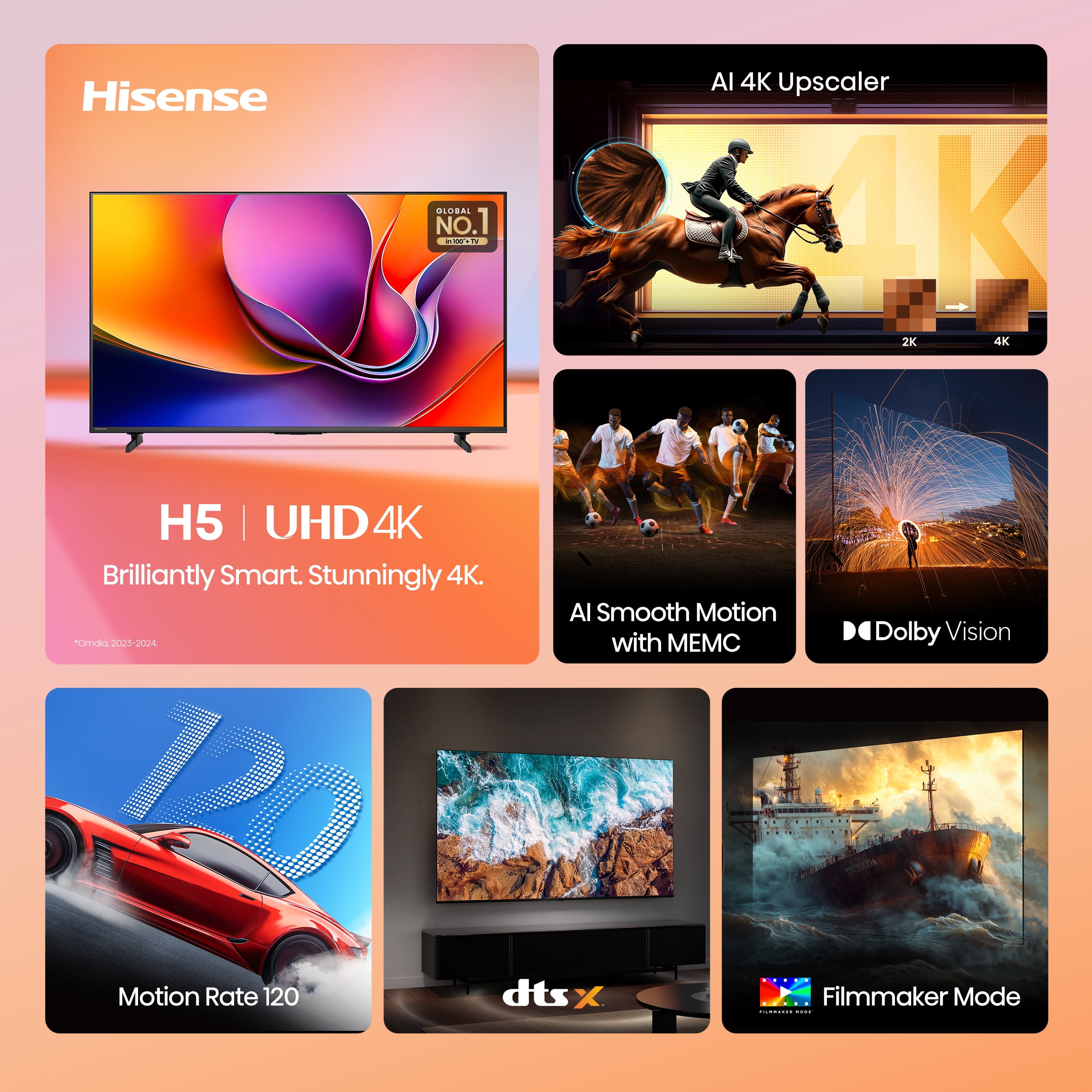 Hisense 50-Inch Class H5 Series 4K UHD HDR Google Smart TV (50H5BG, 2025 Model) - Dolby Vision Gaming, HDR 10, Motion Rate 120, AI Upscaler, DTS Virtual X, Game Mode Plus, Google Assistant Built-In