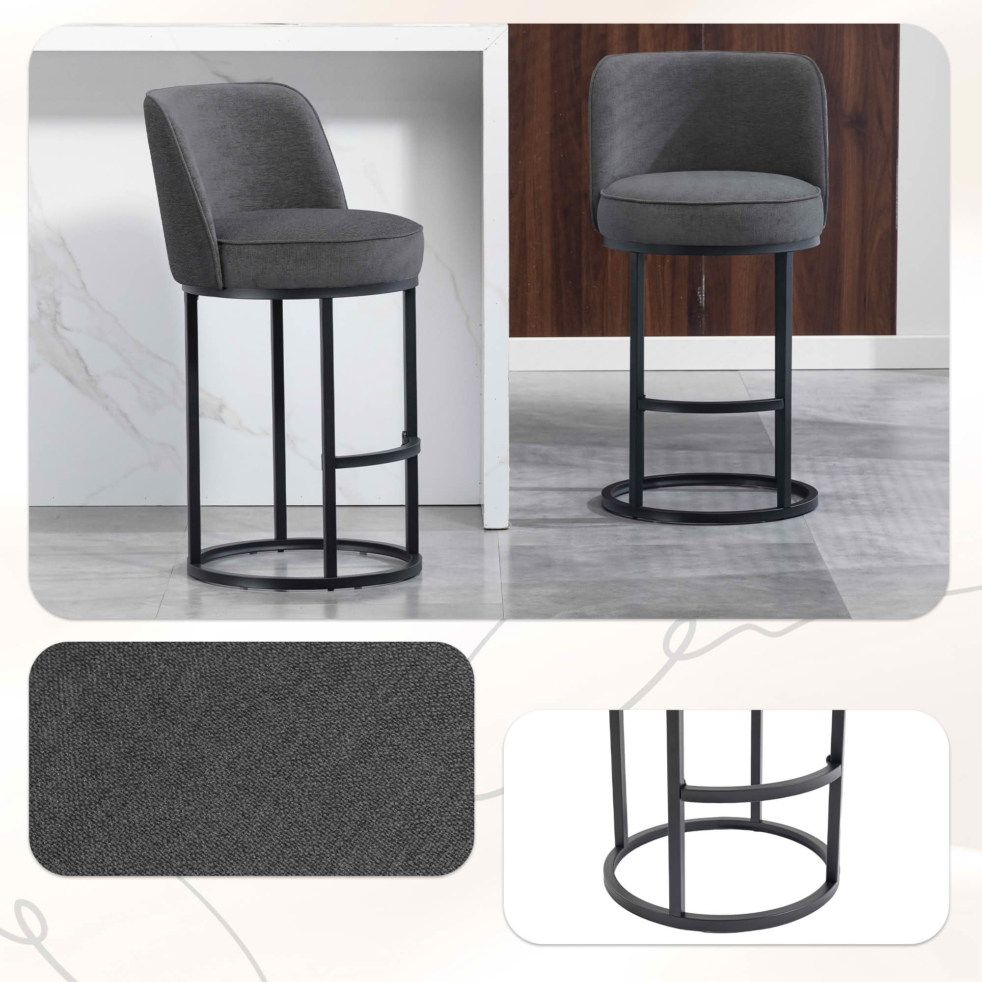 MAYEERTY Counter Height Bar Stools Set of 2, Barrel Back Linen Accent Stools with Footrest for Kitchen, Gray