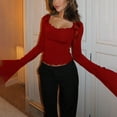 thumbnail image 4 of Yokua Women's Lace-trimmed Square Neck Flared Long Sleeve Cropped Midriff T-Shirt with Lace Trim - Slim Fit for Outings, 4 of 10