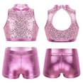 thumbnail image 7 of inhzoy Kids Big Girls 2PCs Gymnastic Dance Outfit Sets Shiny Metallic Crop Top with Shorts,Sizes 6-14 Pink 8, 7 of 7