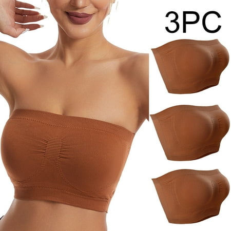 Crunowin Women s Tube Top Bra 3 Pack  Traceless Solid Color No Underwire Breathable Comfort Strapless Underwear Brown XXXL