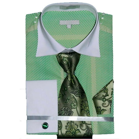 - Men's Stripe Pattern Two Tone French Cuff Shirt Tie Hanky Cufflinks