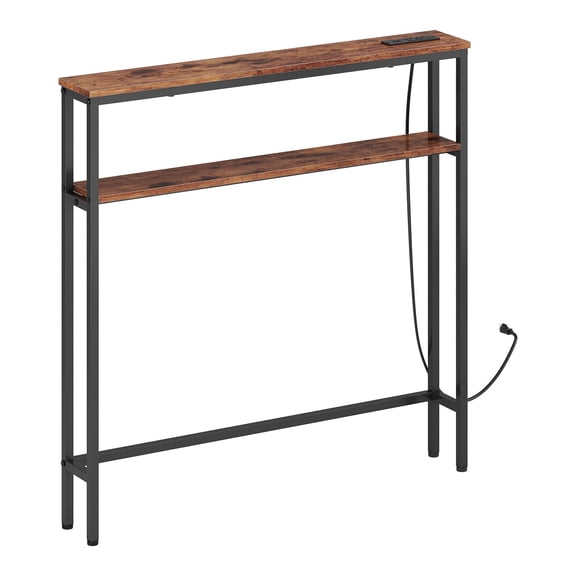 Panapinka Narrow Console Table with Power Outlets, 2-Tier Slim Sofa Table with 2 Shelves, Metal Frame, Behind Couch Entryway Table for Living Room, Hallway, Foyer, Industrial Style