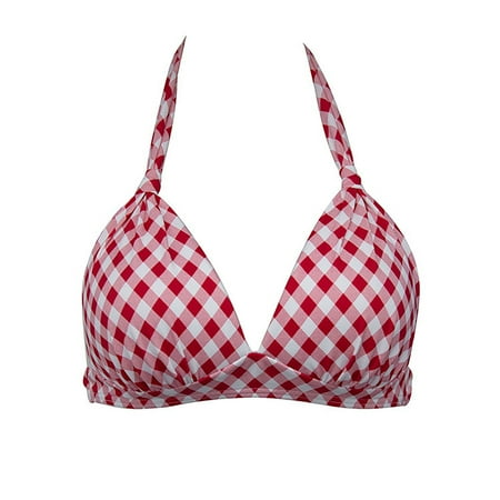 HABDGIKS Women Bikini Top Summer 2025 Vintage V Neck Plaid Tie Knot Backless Bra Soft Padding Bathing Suit Swimwear