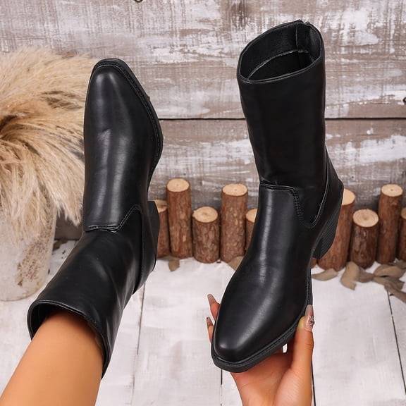 Women Boots Pointed Toe Mid Calf Boots with Back Zipper Comfort PU Slouch Shoes with Stacked Block Heel for Fall Winter Casual Outdoor Daily Wear