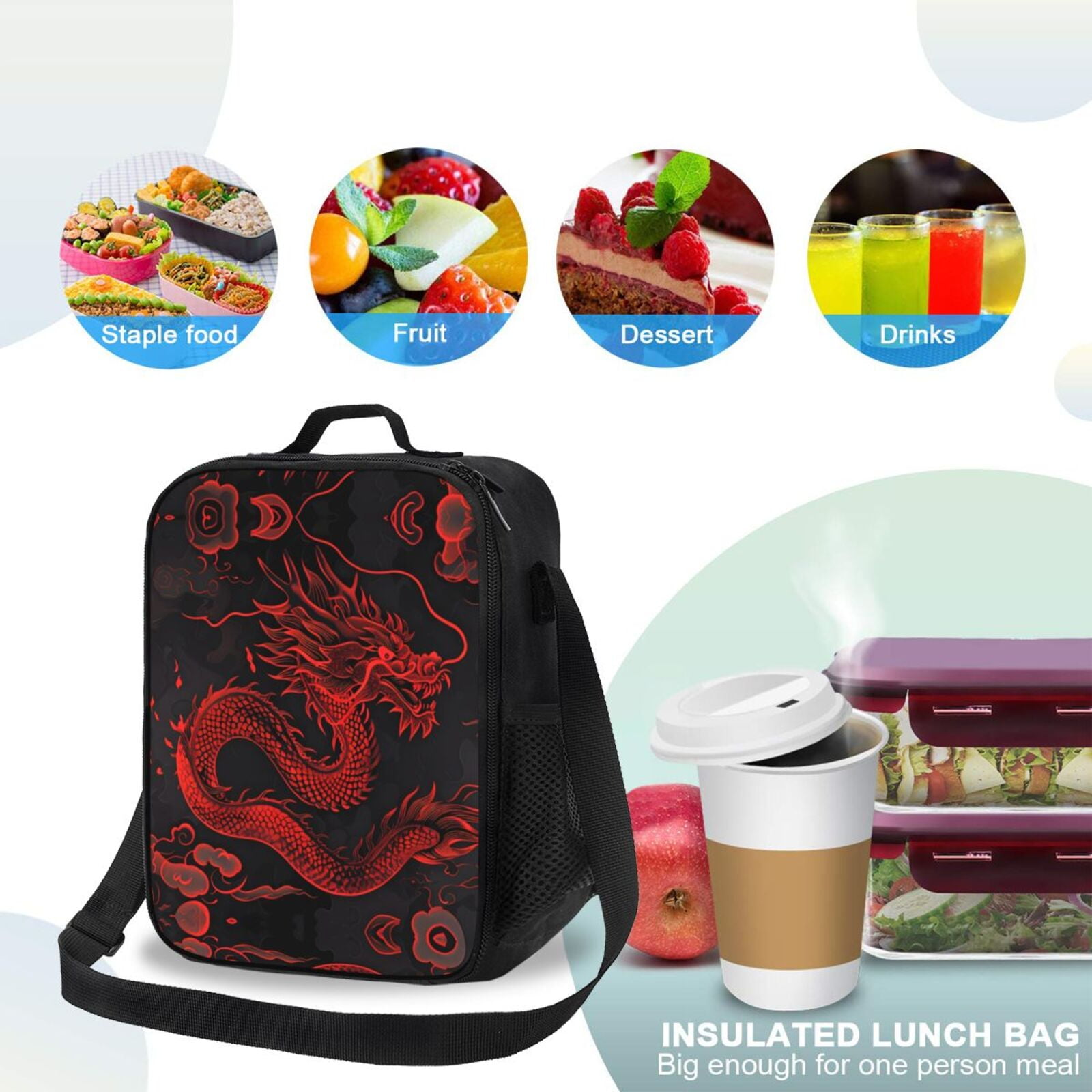 Defioc Red Dragon On Black Print Lunch Box for Men & Women, Insulated Lunch Bag Thickened Thermal Leakproof Lunch Tote Bag for Adult Office Travel Picnic