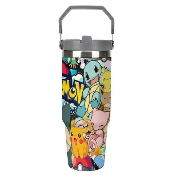 Pokémon Squirtle 30oz Stainless Steel Tumblers with Flip Straw & Handle, Insulated Double Walled Water Bottle for Home, Office, Car, Leak Proof, Reusable