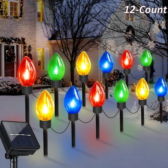 PMMIPNW Upgrade Christmas Pathway C9 String Lights Outdoor, 25 Ft 12 Clear Lights with Large Bulbs Stakes, Waterproof for Xmas Party Holiday Commercial Outdoor Decoration
