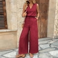 thumbnail image 2 of Sahpxhe Jumpsuits for Women Dressy Casual Sleeveless V-Neck Wide Leg Jumpers with Drawstring and Pockets Summer Comfy Rompers Red L, 2 of 9