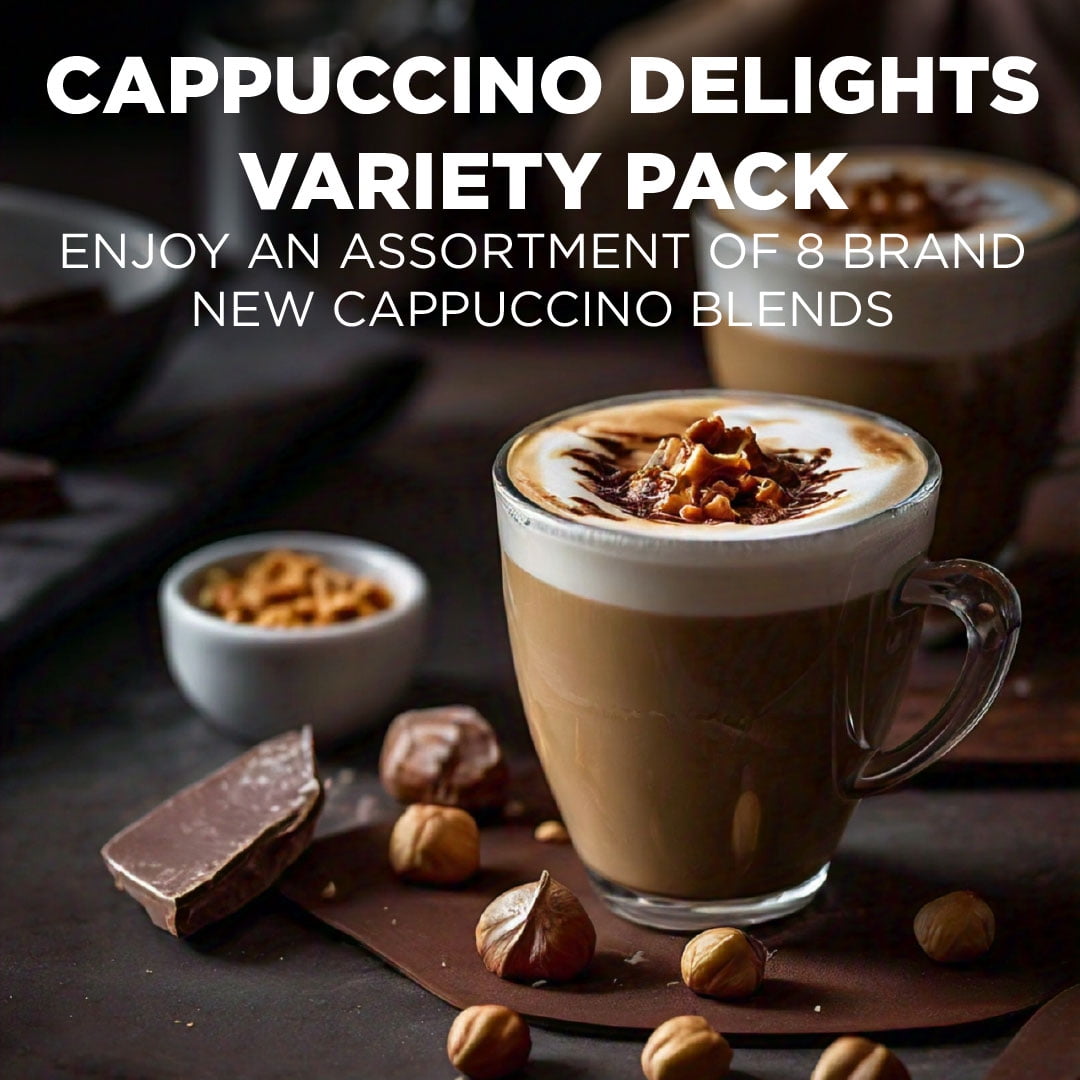 Maud's Cappuccino Coffee Pods Variety Pack, 56 ct, 8 Assorted Flavors, Single Serve Pods – Compatible with Keurig K Cups Maker