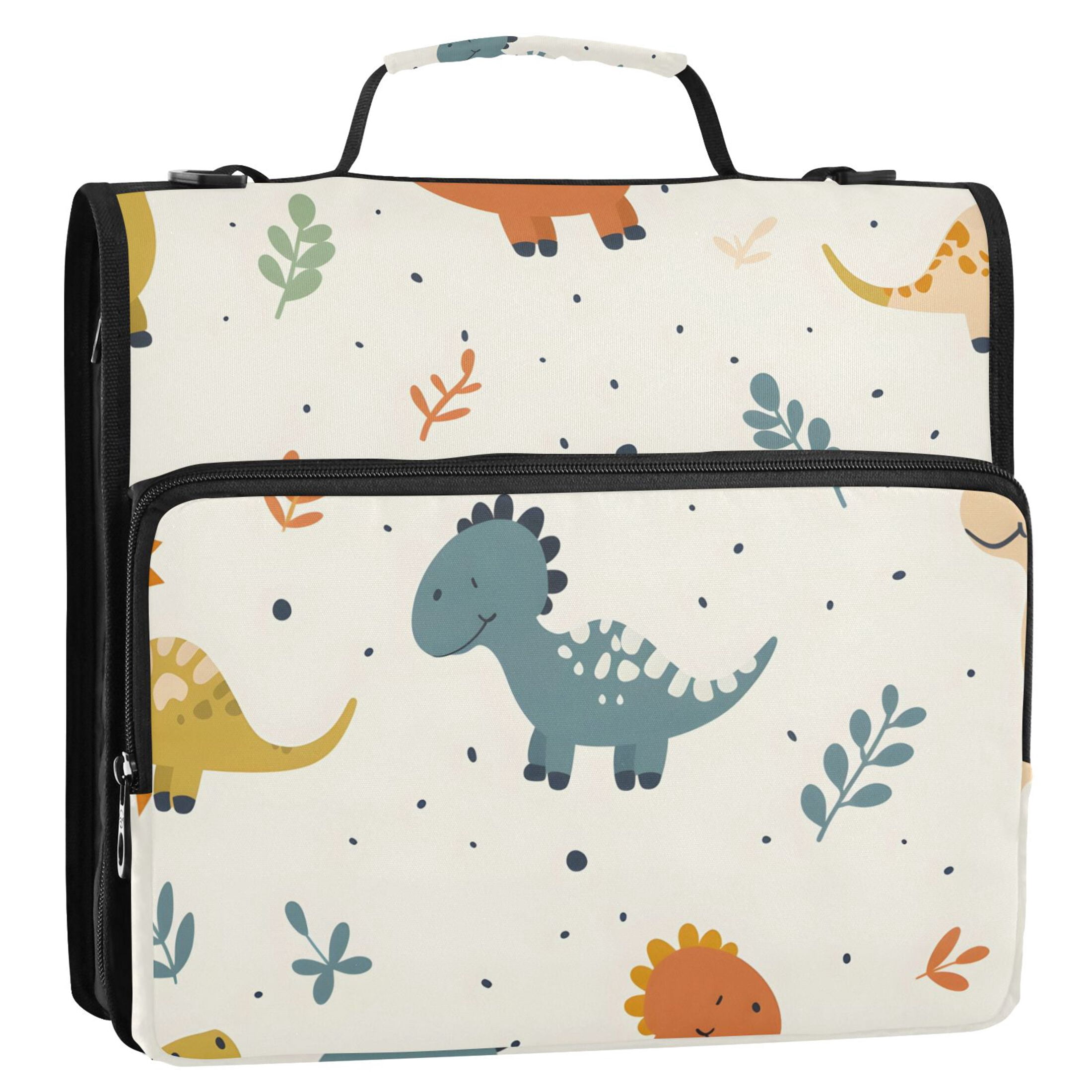 3 Ring Zipper Binder with Shoulder Strap Waterproof Trapper Keeper 2 Inch D-Ring 500 Sheets Capacity Cartoon Dinosaurs with Leaf