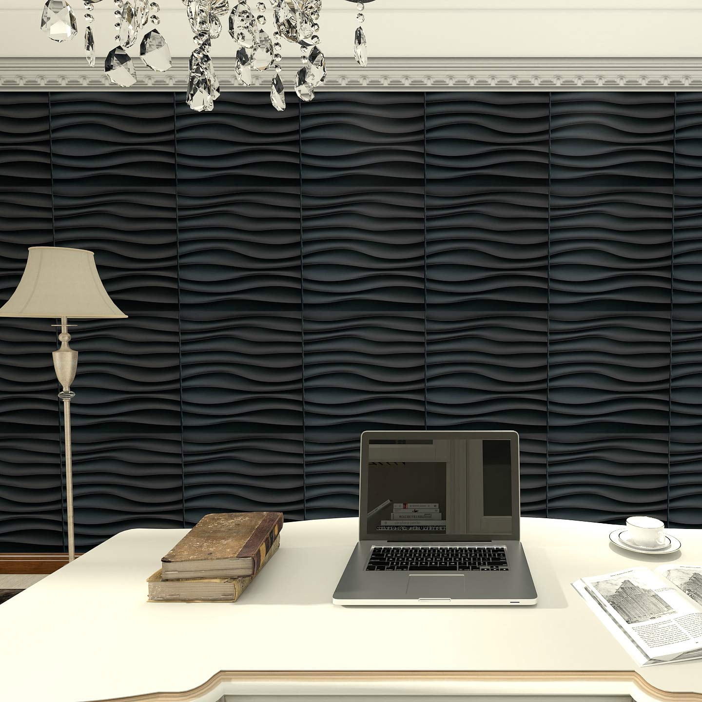 Art3d 19.7 in. x 19.7 in. PVC 3D Wall Panel,Wave Design in Black(12-Pack)