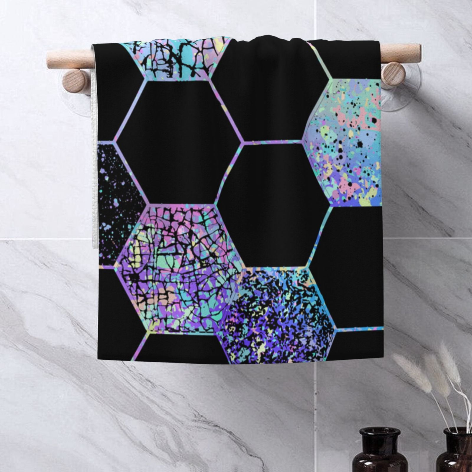 Geometric Hexagon Modern Black Blue 27.5" x 16" Ultra Soft Hand Towel, Face Wash Cloth for Bathroom, Gym, Travel, Pool