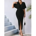 thumbnail image 4 of Womens Metallic Faux Wrap Cocktail Dress Solid Color V-Neck Pleated High Slit Short Sleeve Midi Dress Black XL, 4 of 9