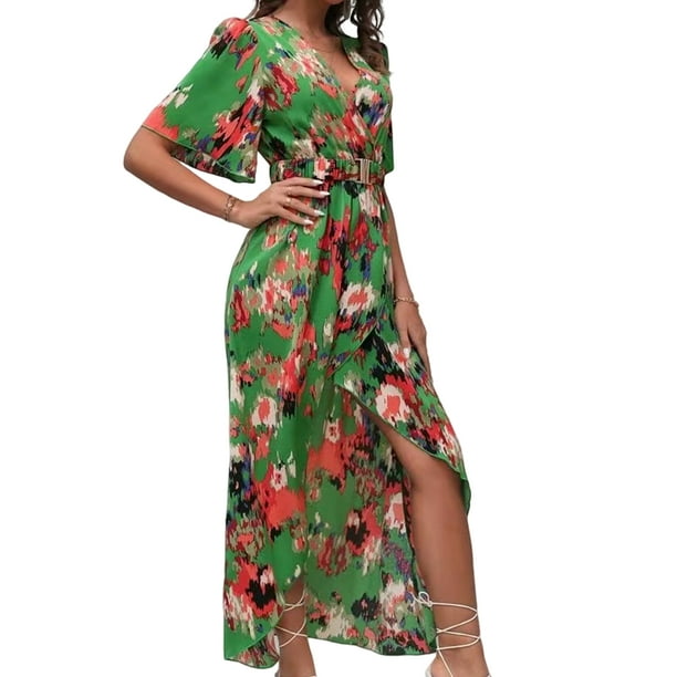 Vestido De Flores Vestido floral de mujer Vendaje Vestido a media pierna Cintura Vacaciones en la playa (Verde M) Ygjytge para Mujer Verde T S