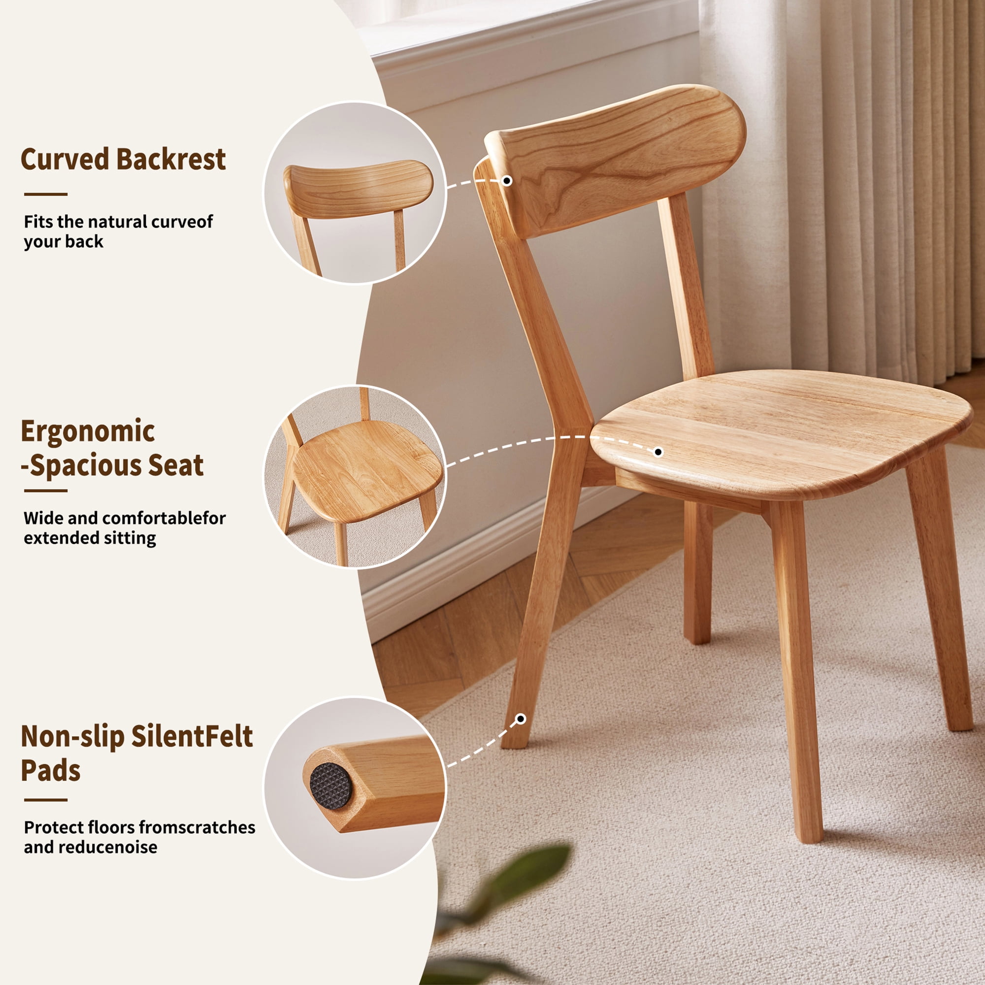 Dining Chairs Set of 2, Solid Rubberwood Kitchen Chairs with Curved Backrest, Wooden Accent Chairs for Vanity and Breakfast Nook, Natural Wood