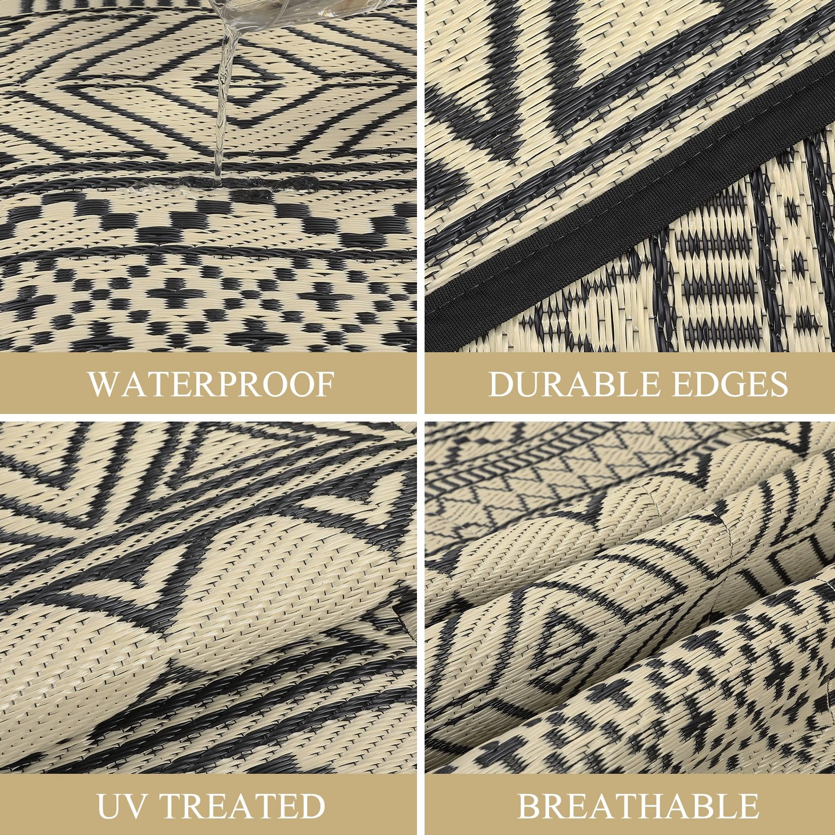 Outdoor Rug 6x9, Waterproof Patio Clearance Carpet for Outside, Reversible Outdoor Plastic Straw Camping Rug, UV Resistant Low Pile Deck Mat for Porch Yard Poolside, Easy Clean,Black & Coffee
