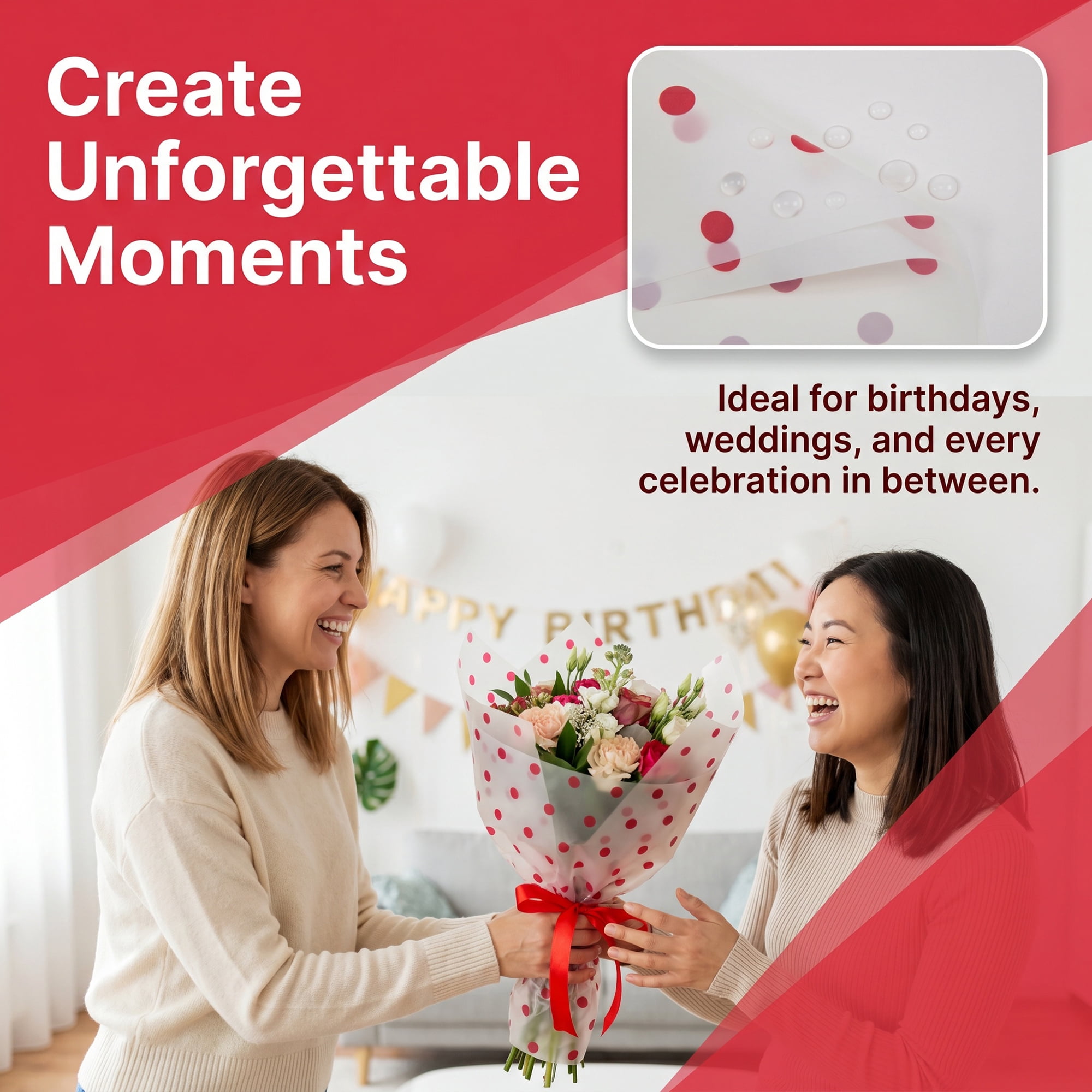 Unique Bargains 20Pcs Polka Dot Waterproof Gift Wrapping Paper Red White 22.4" x 22.4"