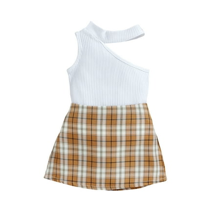 

Calsunbaby Kids Toddler Girls 2Pcs Skirt Set Sleeveless Plain Ribbed Hollow Shoulder Crew Neck Tees + Plaid Short Skirt Khaki 18-24 Months
