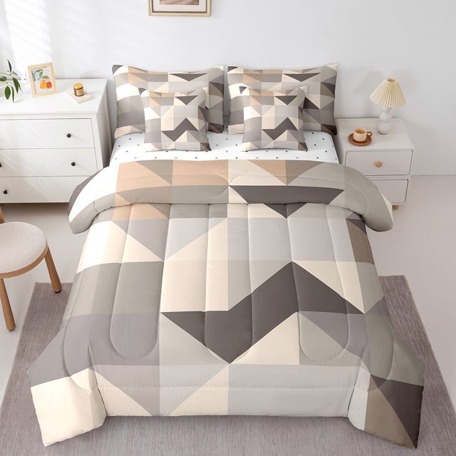 Erosebridal Patchwork Geometric Triangle Bedding Sets,Obstract Geometry Art Comforter Sets with Sheets,Gradient Brown Bed in a Bag Queen Size,Microfiber Bedroom Decoration Reversible,7-Piece