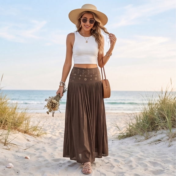 Women's Bohemian Style Elastic Waist Band Cotton Linen Long Maxi Skirt Dress