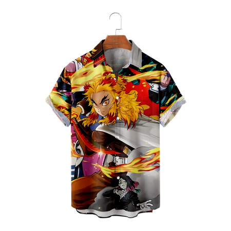 

MLFU Demon Slayer Big Men s Button Up Shirts Short Sleeve Casual Stylish Cotton Tees Relaxed-Fit Bowling Shirts Size 100-170/XXS-8XL