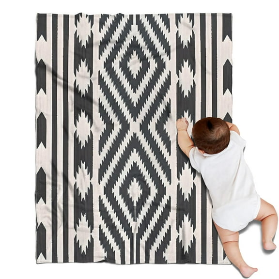 Boho Black and White Diamond Central Ethnic Pattern Blanket,Comfortable Soft Flannel Throw Blanket,All Season,Warm Lightweight Blankets for Sofa Bed Couch Living Room Chair,30"x40"